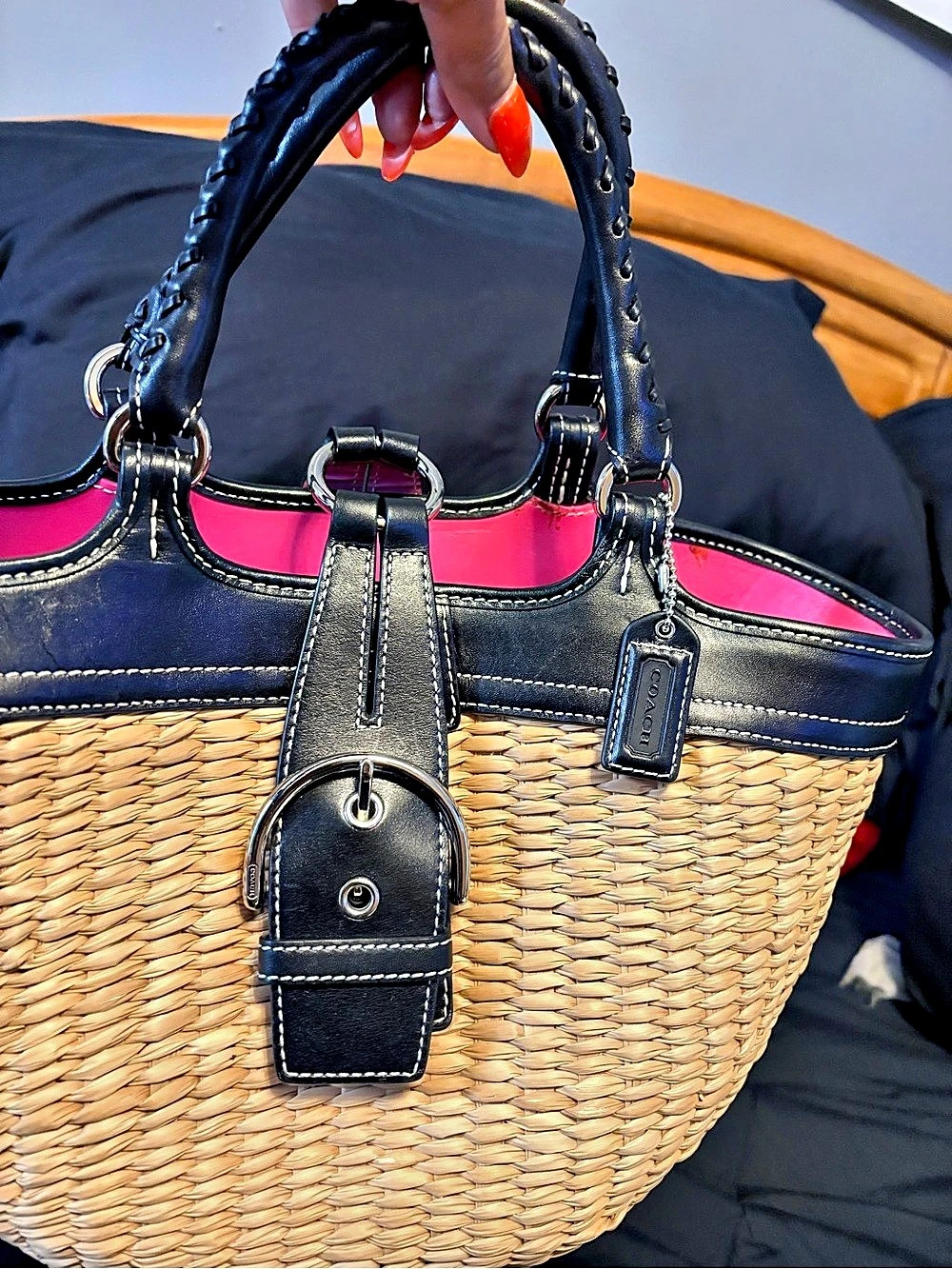 Coach Soho Straw Buckle Tote in Black & Pink